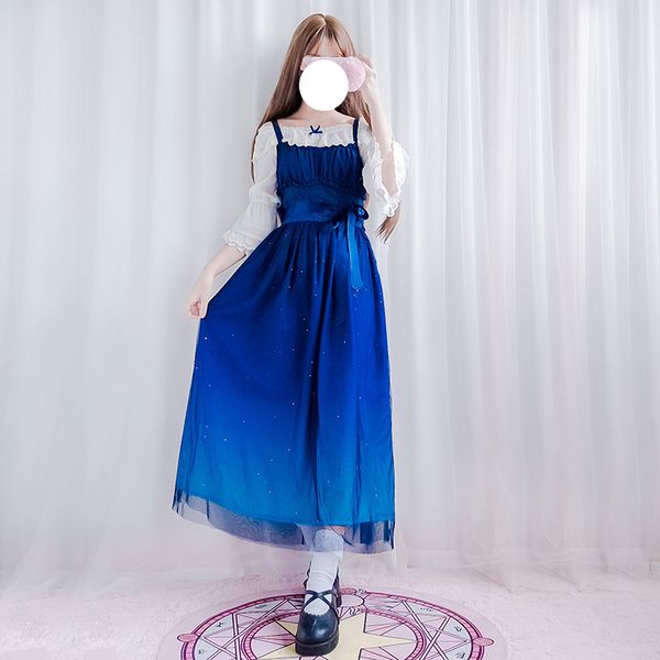 

dark blue star fairy gilding gradient jsk long short dress, Black;red