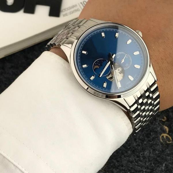 

luxury watch series 82s7 movement 24 hours/true moon phase display double sapphire glass mirror super luminous effect leather watch diameter, Slivery;brown