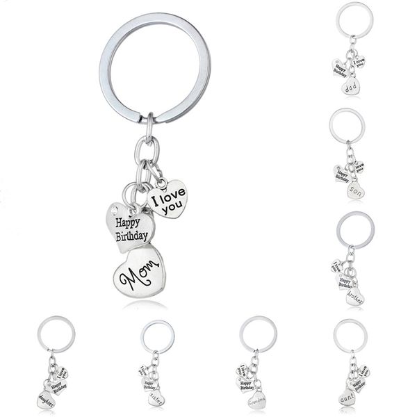 

family heart keychains i love you happy birthday keyrings alloy jewelry gift for mom dad brother sister silver fashion charm key chain rings, Slivery;golden