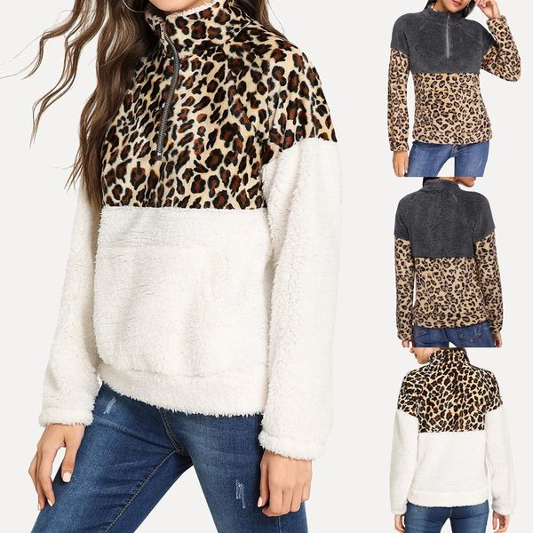 

women's long sleeve fleece sweatshirt warm zip leopard fuzzy hoodie pullover bluzy damskie winter hoodie sweatshirts femme new, Black