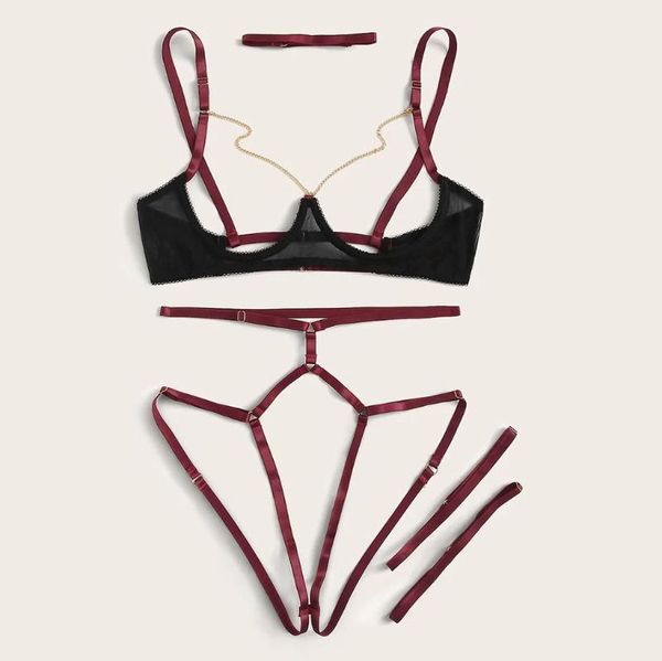 

women lingerie set lace underwire bra female lingerie bras open crotch cage bandage briefs set exotic babydoll costumes, Red;black