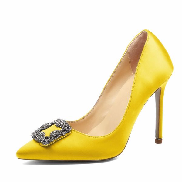 

women silk high heels pumps fashion ladies pointed toe square buckle rhinestone pumps slip on crystal banquet party shoes yellow blue red, Black