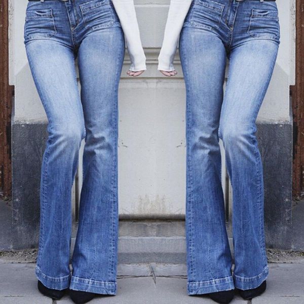

women high waist jeans flare pants fashion ladies denim fit pocket long pants spring autumn trousers, Blue