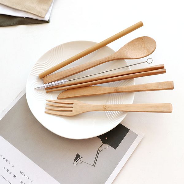 

bamboo flatware set spoon knife fork reusable wooden cutlery picnic travel disposable eco friendly biodegradable dinnerware with bag