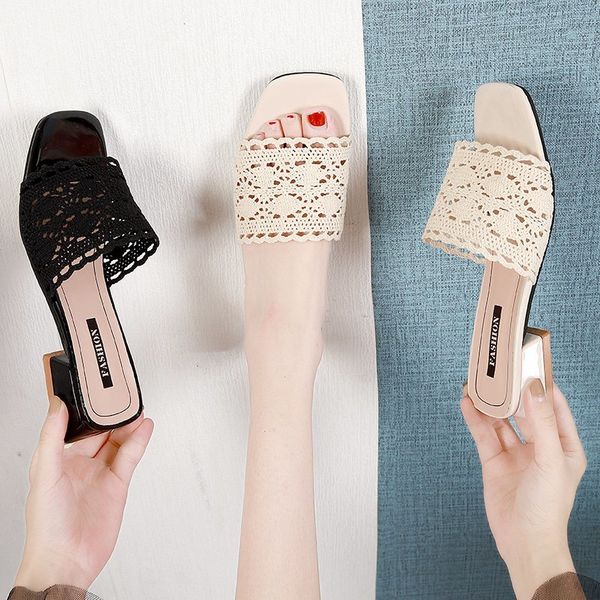 

shoes woman 2020 womens slippers outdoor med pantofle fretwork heels rubber flip flops flat new summer hawaiian soft slides, Black