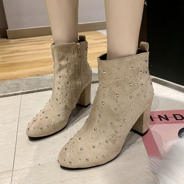 

plus size 35-53 nice new ankle boots women autumn spring full of crystal elegant shoes woman high heels ladies zipper boot, Black