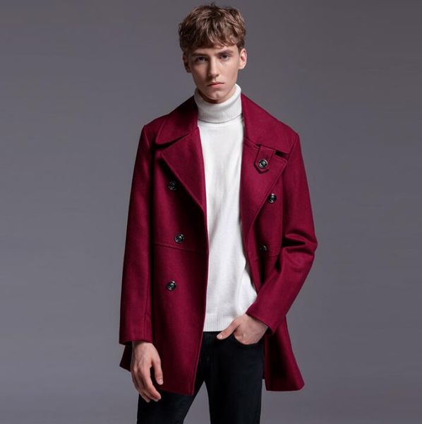 

red wine casual woolen coat men trench coats overcoat mens cashmere coat casaco masculino inverno erkek england autumn winter, Black