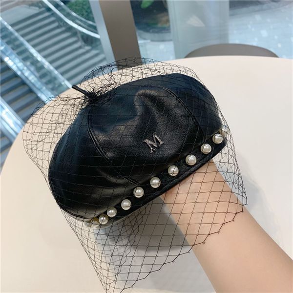 

01910-yuchun faux leather pearl mesh lady pu beret cap women leisure pumpkin hat, Blue;gray