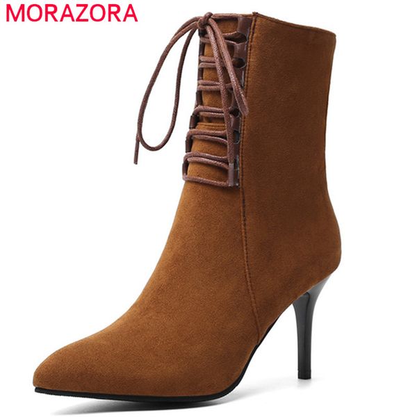 

morazora 2020 new arrival women ankle boots flock pointed toe stiletto high heels shoes lace up zip simple autumn booties woman, Black