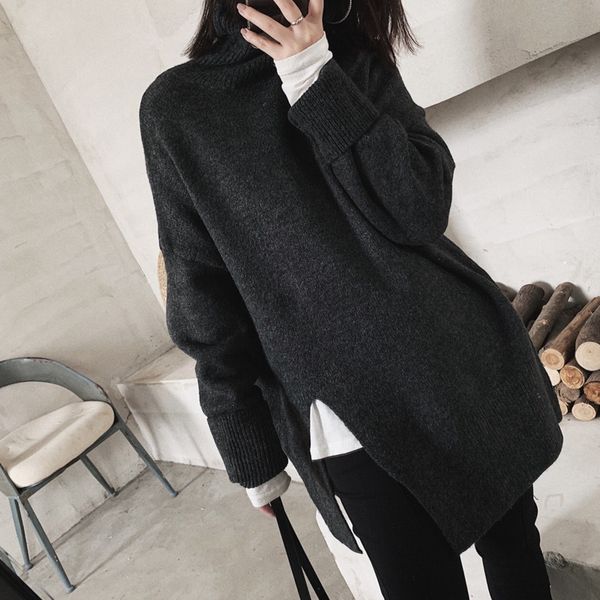

lanmrem solid color high collar long sleeve hem split fork woman knit sweater casual simple fashion 2019 autumn winter new tv118, White;black