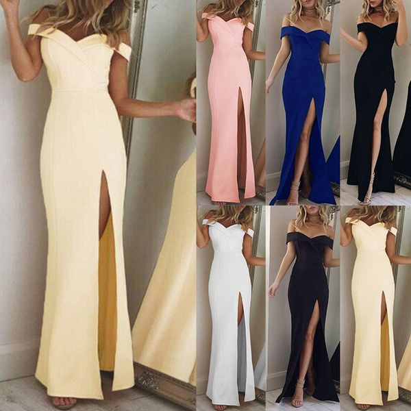 

women dress boat neck split female dresses party ball form wedding formal dress solid, Black;gray