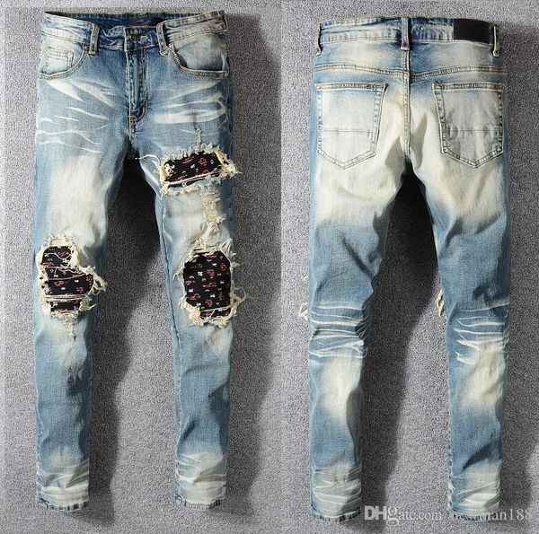 

2019 west side striped blue ripped denim long trousers pants distressed washed biker cool slim jeans mens high street pants standard size
