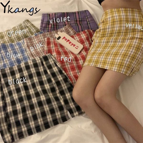 

7 color summer plaid purple korea split harajuku clothes pencil skirts women 2020 new mini skirt kawaii students streetwear, Black