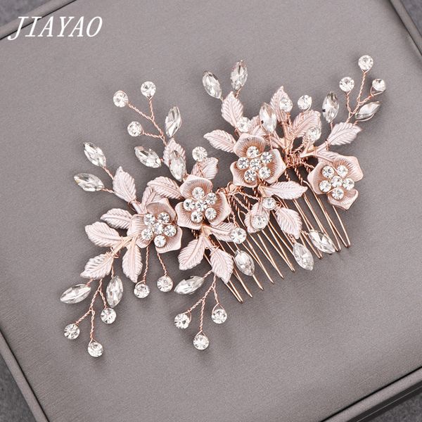 

rose gold flower hair comb hair accessories for women rhinestone elegant wedding combs bridal head jewelry flower, Golden;white