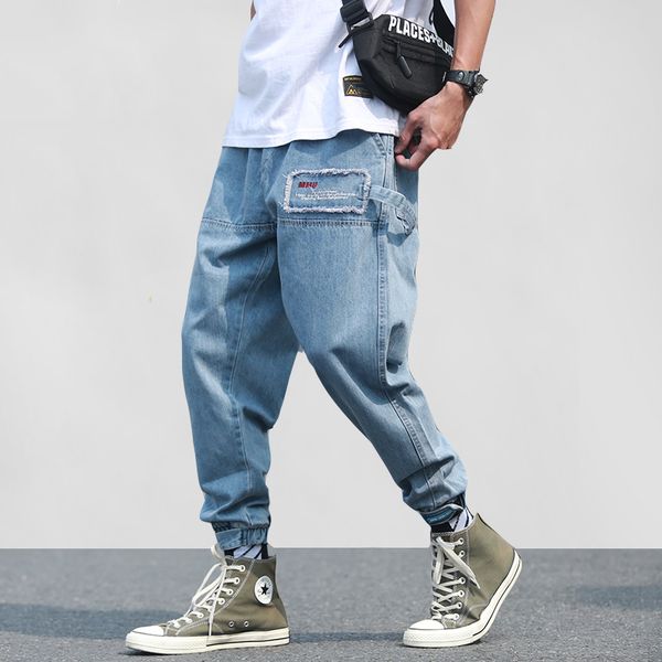 

aelfric eden casual pants men 2019 spring summer fashion streetwear denim jean hip hop joggers ribbon pockets workout trousers, Blue