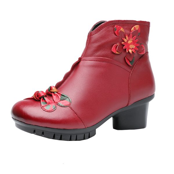 

autumn winter warm mid heel genuine leather boots woman shoes bowknot fashion vintage short square heel boots, Black