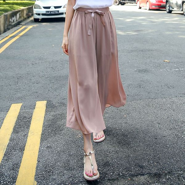

2020 new summer women fashion chiffon wide leg high elastic waist cropped pants female casual solid colors cotton trousers c12, Black;white