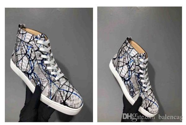 

r graffiti python leather men's red sole shoes skateboard high red bottom sneakers women,men famous dress party trainers, Black