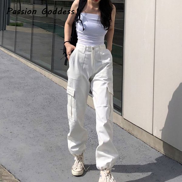 

street women white pink cargo sweatpants loose pocket harem pants cool pink high waist bandage bundle trouser jogger baggy pants, Black;white