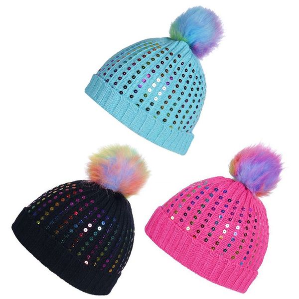 

womens girls chunky ribbed knit beanie cap rainbow fluffy pompom ball colorful sequins embellished winter ear warmer cuffed hat, Yellow