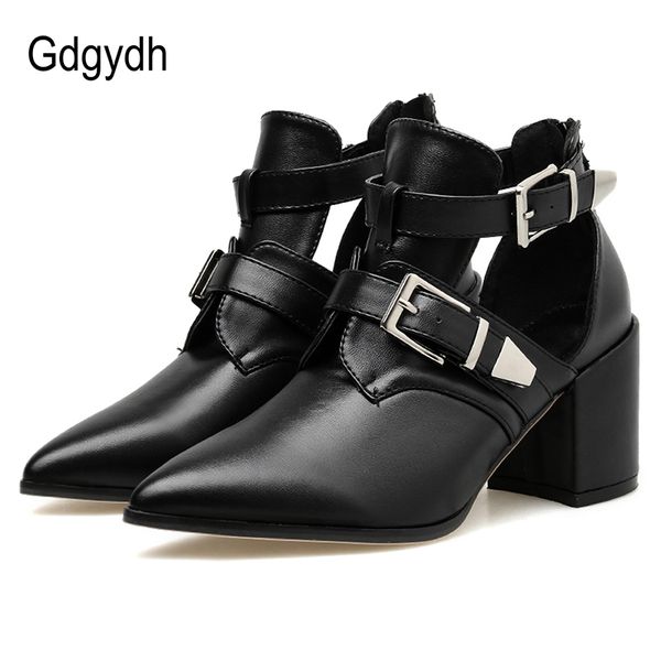 

gdgydh retro shoes heels pointed toe women pumps squre heels metal buckle cut-outs soft leather zipper single shoes drop ship, Black