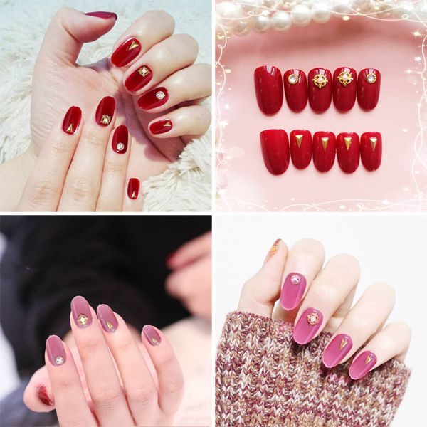 

24pcs/set fake nails tips finish removable tips with rivet nail art decor v9-drop, Red;gold