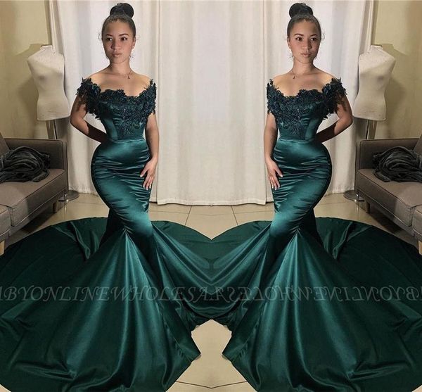 

off the shoulder dark green mermaid prom dresses 2020 new black girls satin applique evening gowns formal occasion vestidos de fiesta bc2939