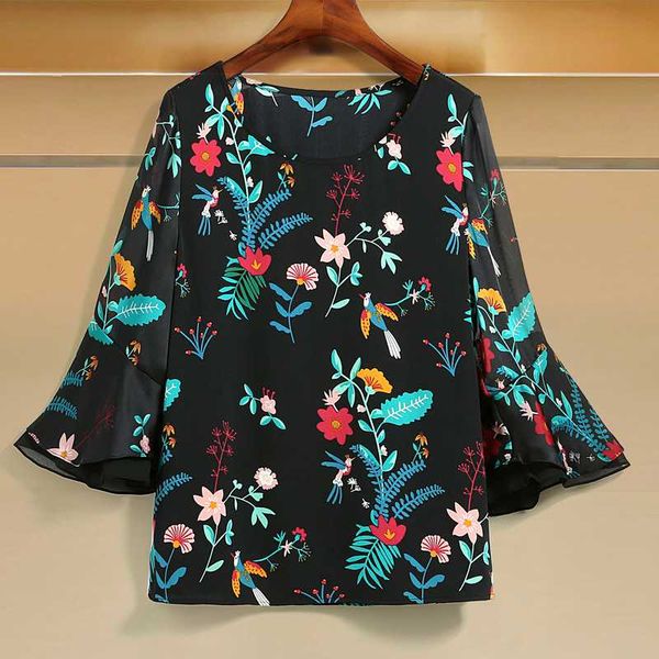 

elfbop ladies silk floral printed round neck flare sleeve top, White