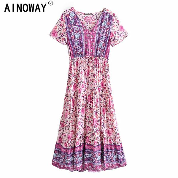 

урожай шикарные женщины boho розовый цветочные печати рукав летучая мышь пляжа богемское макси платье дамы v шеи кисточкой happie платье ves, Black;gray