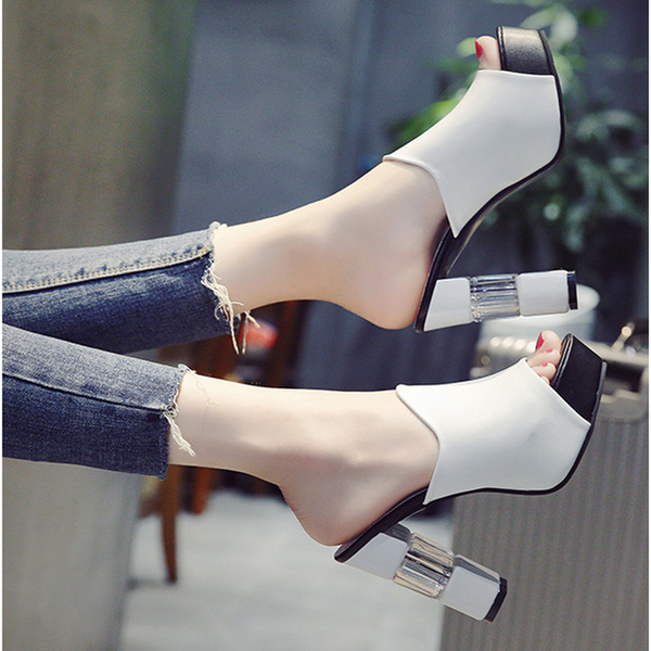 

2020 new high heeled slippers women crystal chunky heel summer shoes woman slides peep toe for fitting room white black
