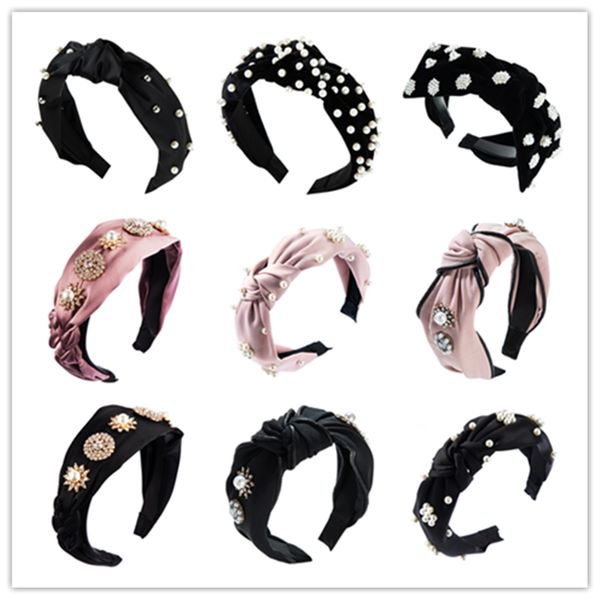 

new ladies solid color center knot wide hair band with artificial pearl knotted fashion temperament headband hair accessories