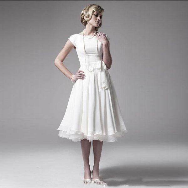 

2019 Short Beach Wedding Dresses Summer Cap Sleeve Ribbon Sash A-Line Tea Length Bridal Gowns Hot Selling Custom Dresses for Women