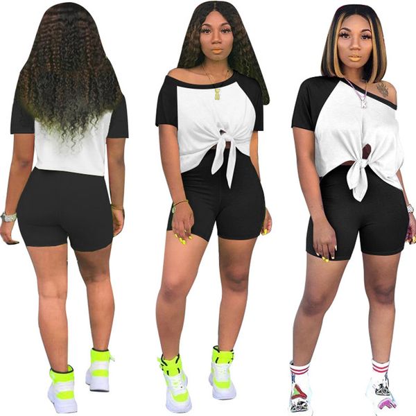 

women sports suit designer short sleeve crop t shirt shorts set patchwork color brand lace two piece outfits luxury tracksuit d6508, White