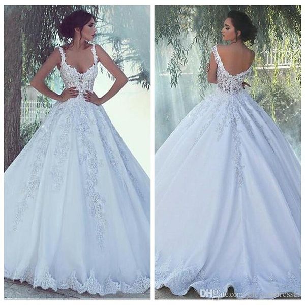 

new fashion dubai arabic wedding dresses spaghetti lace appliques formal long wedding bridal gowns beading sequins vestidos de marriage, White