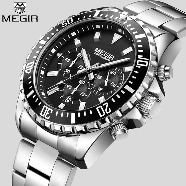 

megir watch men analog chronograph quartz wrist watch full stainless steel band wristwatch auto date, Slivery;brown