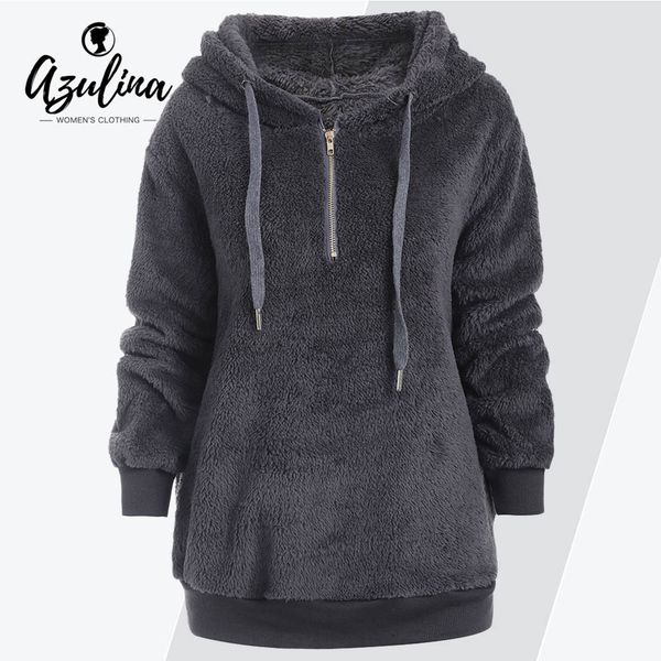 

azulina half zipper drawstring fluffy hoodie women casual solid color hooded long sleeve pullover hoodies ladies clothes, Black