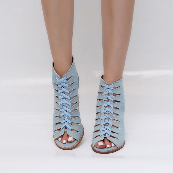 

denim fish mouth hollow roman sandals thick with a word with beaded high heels female summer female sandals, Black