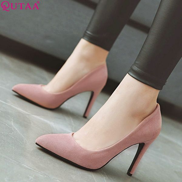 

qutaa 2020 women pumps fashion women shoes spring/autumn all match thin high heel pointed toe flock wedding pumps size 34-43 t200111, Black
