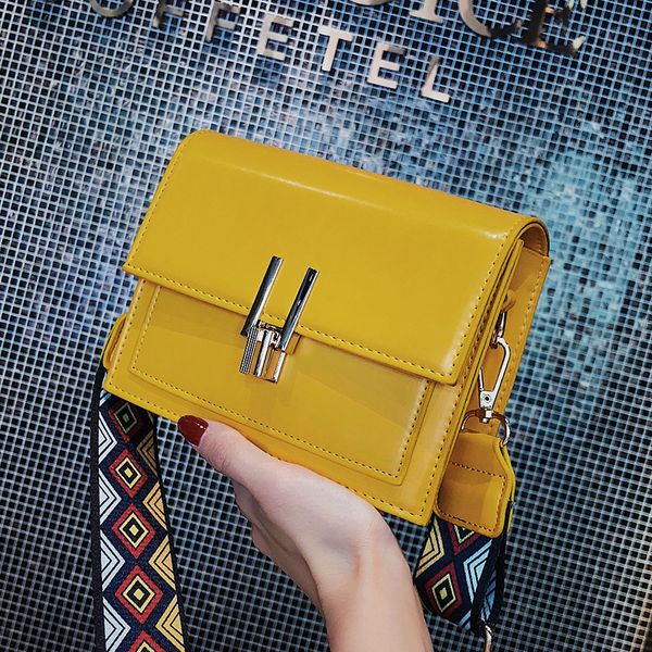 

etaill 2018 small flap pu patent leather shoulder bags with colorful wide strap yellow messenger crossbody bags phone purse bag y190619