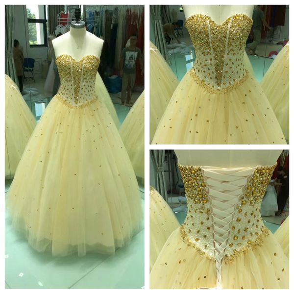 

chic sweetheart yellow tulle ball gown quinceanera dresses crystals beading sequins vestidos de quinceanera lace up back sweet 15 dresses, Blue;red