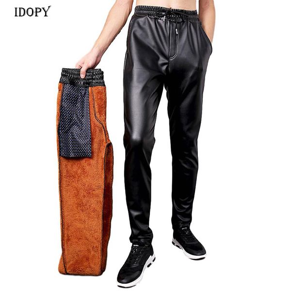 

idopy men`s winter warm faux leather joggers harem pants fleece lined elastic waist drawstring pu joggings trousers for male, Black