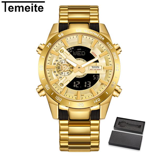 

2020 temeite brand gold mens quartz watches sport digital watch men led dual display wristwatch waterproof luminous relogio masculino, Slivery;brown