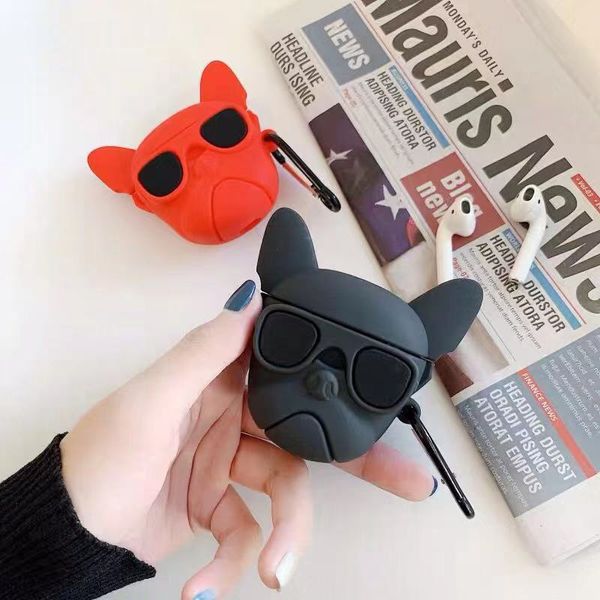

cute black/white cartoon dog silicone wireless earphone case protector for apple airpods carrying case shockproof protective with carabiner