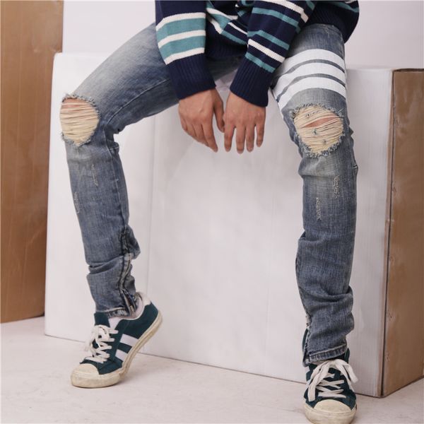 

Mens Biker Jeans High Fashion Designer THREE BARS FOG STYLE slim zipper jeans skinny distressed blue denim kanye west