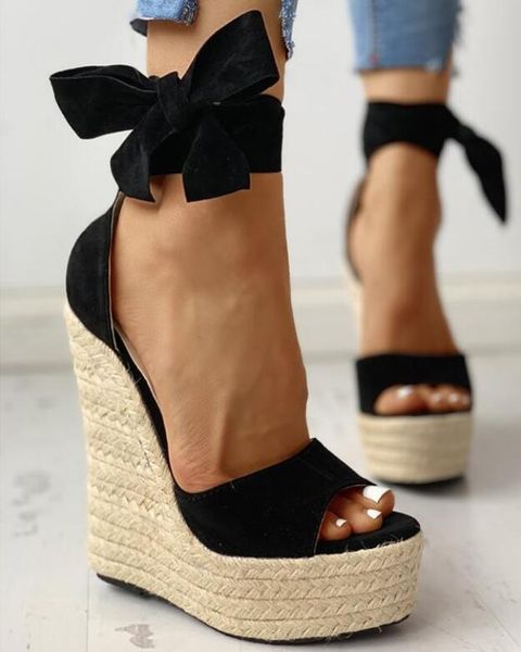 

women summer wedge sandals female platform bohemia high heel sandals fashion ankle strap open toe ladies shoes, Black