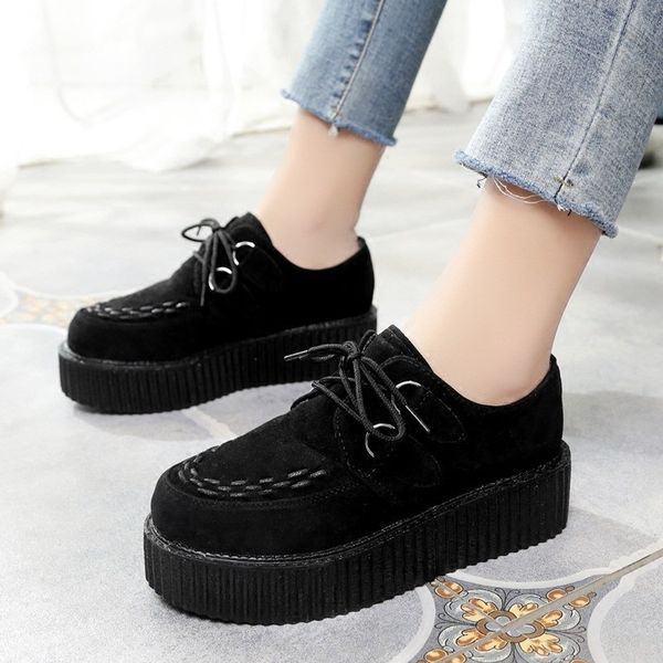 

creeper women flats comfort women shoes lace up platform shoes suede ladies loafers plus size 51 female nice, Black