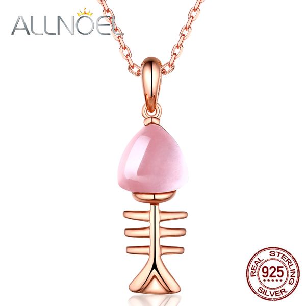 

allnoel 2019 925 sterling silver fish bone pendant necklace rose gold plated 100% natural rose quartz women's choker chain