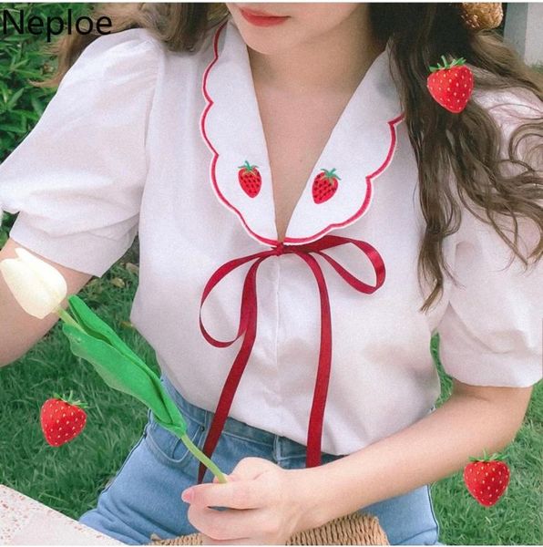 

neploe korean sweet women blouse strawberry embroidery bow tie peter pan collar blusas summer puff short sleeve shirts 4b413, White