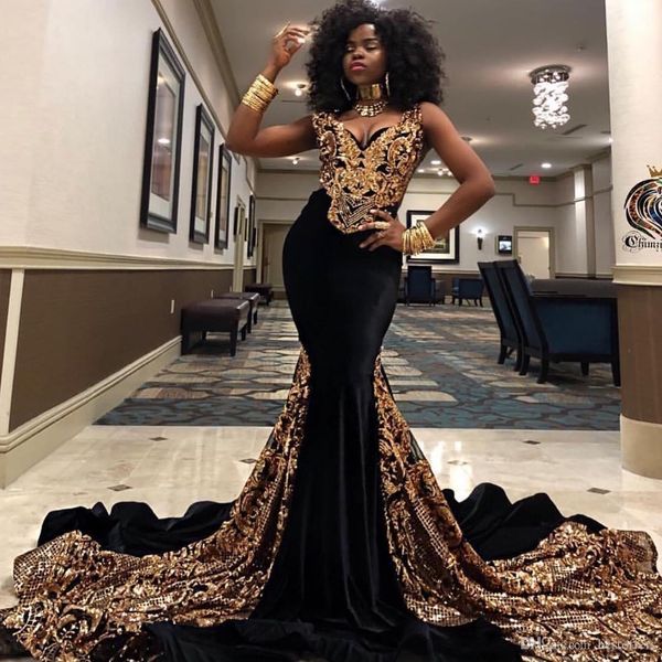 2020 Mode Gold Pailletten Meerjungfrau Ballkleider V-Ausschnitt südafrikanische schwarze Mädchen Abendkleider Plus Size Kleid für besondere Anlässe Abendkleider