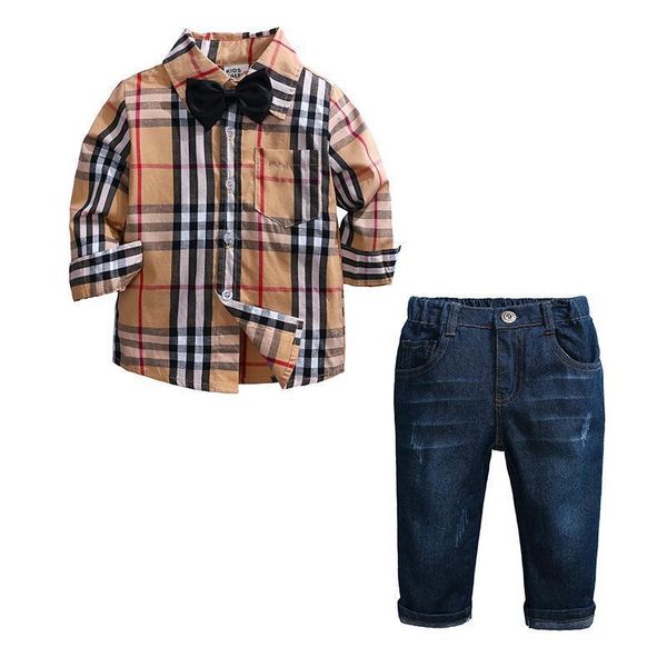 

2018 Spring And Autumn Child Suit Catamite Lattice Long Sleeve Shirt Cowboy Trousers Twinset